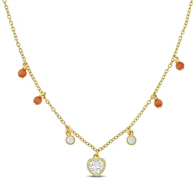 Mimi & Max Heart Round-cut Created White Sapphire & Pink Bead Station Necklace Yellow Silver In Silver