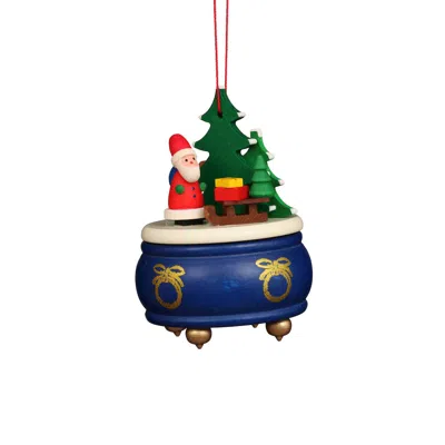 Alexander Taron Ornament - Blue Music Box With Santa - 3"h X 2.5"w X 2.5"d