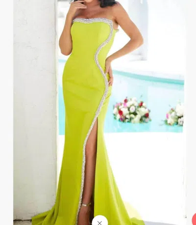 Terani Couture Strapless Sparkly Crepe Column Evening Dress In Citrine In Green