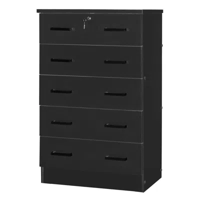 Better Home Products Cindy 5 Drawer Chest Wooden Dresser With Lock In Black