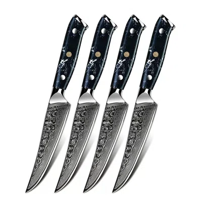 Minimal Black Stone Handle Damascus Steak Knife Set Of 4
