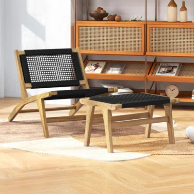 Hivvago Mid Century Modern Accent Chair Farmhouse Handwoven Cordage With Ottoman