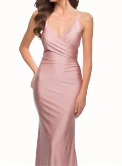 La Femme Fitted Long Jersey Gown With Criss Cross Bodice In Pink