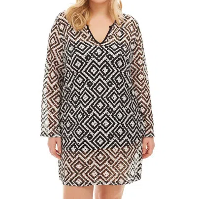 Always For Me Plus Size Long Sleeve V-neck Tunic Dress In Black And White Geo Pattern In Black