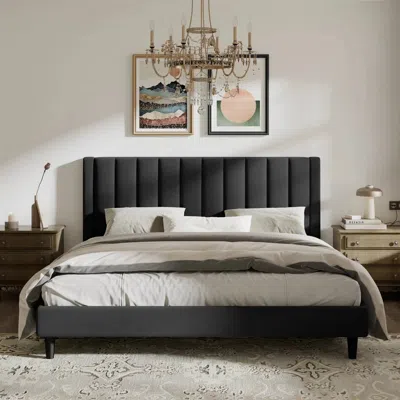 Quikfurn King Size Black Velvet Upholstered Platform Bed Frame With Headboard