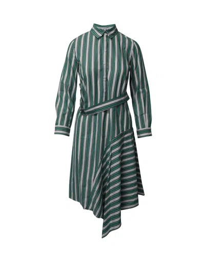 Claudie Pierlot Asymmetric Striped Shirt Dress In Green Cotton In Green