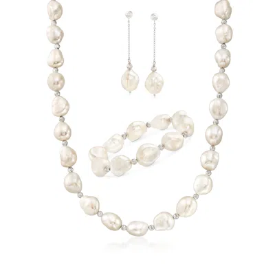 Ross-simons 11-12mm Cultured Baroque Pearl And Sterling Silver Jewelry Set: Earrings, Bracelet And Necklace In Silver