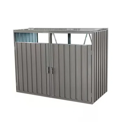 Quikfurn Outdoor Grey Galvanized Steel Garbage Bin Storage Shed - Holds 2 Trash Cans