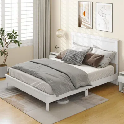 Hivvago Queen Size Bed Frame Platform Slat High Headboard Bedroom With Rubber Wood Leg-white