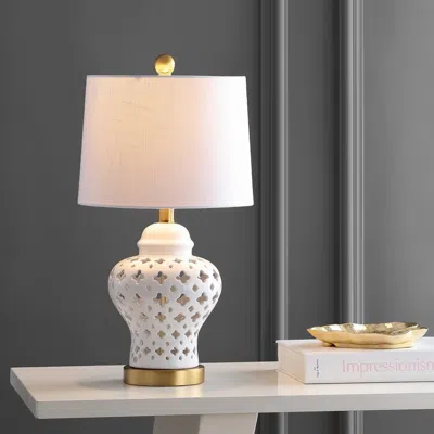 Jonathan Y Quatrefoil Fretwork 20.5" Pierced Ginger Jar Ceramic/metal Led Table Lamp