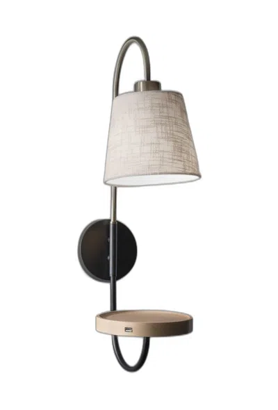 Homezia Antique Brass And Black Metal Wall Lamp With Usb Charging Station Wood Shelf