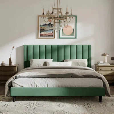 Quikfurn King Size Green Velvet Upholstered Platform Bed Frame With Headboard