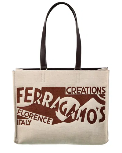 Ferragamo Canvas Shopping Bag Leather Handles In White