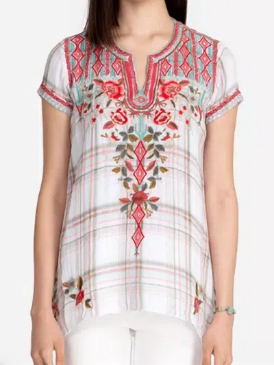 Johnny Was Cyrielle Notched Neck Drape Top In Plaid In White