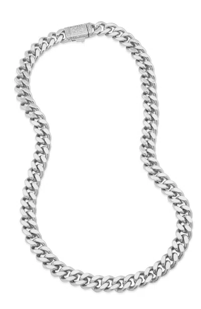 Savvy Cie Jewels Rhodium Plated Cuban Link Necklace With A Cz Clasp Accent In Silver
