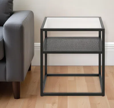 Homezia 22" Black And Clear Glass And Steel Square End Table With Shelf