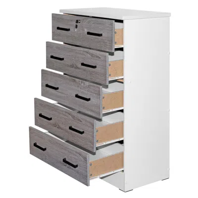 Better Home Products Cindy 5 Drawer Chest Wooden Dresser With Lock In White/gray