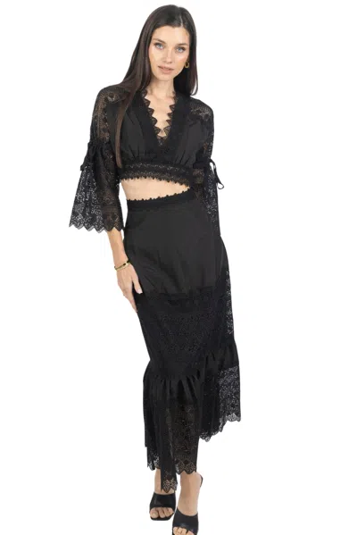 Akalia Emily Guipure Lace Top & Maxi Skirt Set In Black In Black