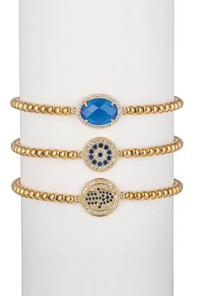 Eye Candy La Harper Titanium Cz 3pc Hamsa Stretch Bracelet Set In Blue