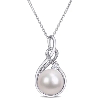 Mimi & Max 11-12mm Cultured Freshwater Pearl 1/6ct Tgw Created White Sapphire And Diamond Necklace In Silver