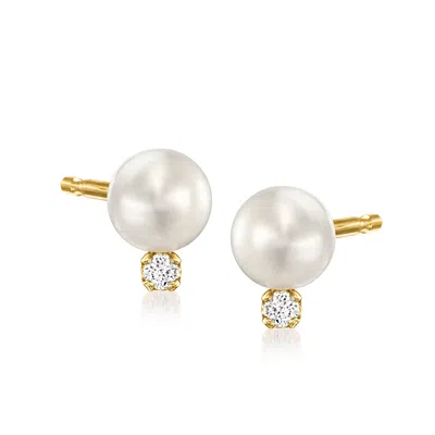 Rs Pure By Ross-simons 5-5.5mm Cultured Pearl Stud Earrings With Diamond Accents In 14kt Yellow Gold In Silver