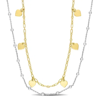 Mimi & Max Two-tone Heart And Ball Bead Chain Necklace In Yellow Plated Sterling Silver - 19.5 In In Gold