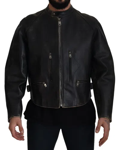 Dolce & Gabbana Elegant Black Leather Jacket With Silver Men's Details In Black