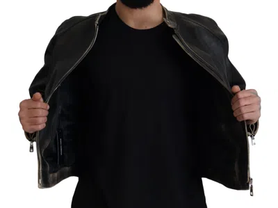 Dolce & Gabbana Elegant Black Leather Jacket With Silver Men's Details In Black