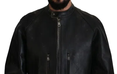 Dolce & Gabbana Elegant Black Leather Jacket With Silver Men's Details In Black