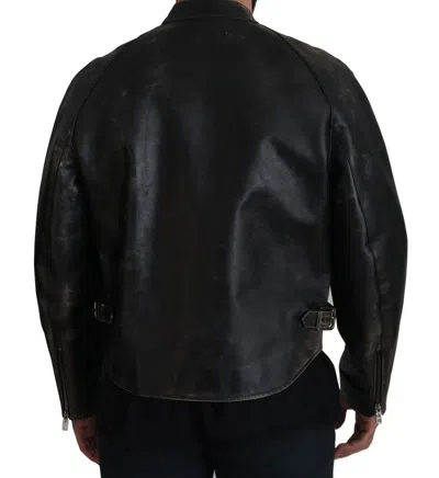 Dolce & Gabbana Elegant Black Leather Jacket With Silver Men's Details In Black