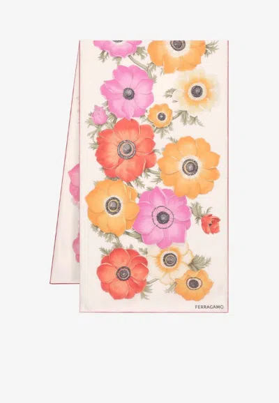Ferragamo Anemone Floral Print Silk Scarf In Ivory