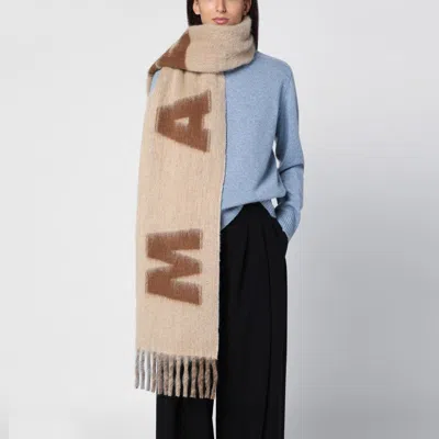 Marni Brown Wool Blend Scarf With Maxi Logo In Cream