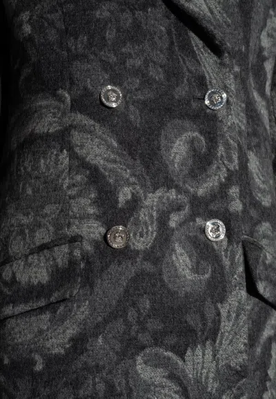Shop Versace Barocco Double-breasted Wool Coat In Gray