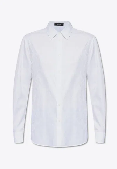 Shop Versace Barocco Jacquard Long-sleeved Shirt In White