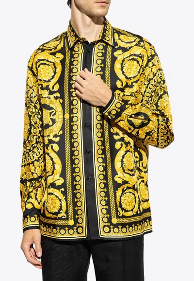 Versace Silk Printed Shirt For Men In Yellow