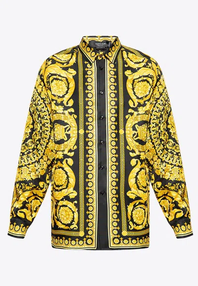 Versace Silk Printed Shirt For Men In Yellow
