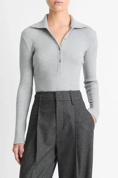 Vince Ribbed Cotton Long-sleeve Polo Shirt In Heather Mid Grey