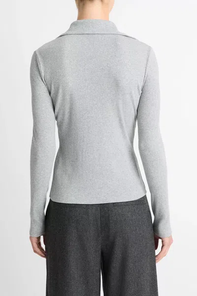 Vince Ribbed Cotton Long-sleeve Polo Shirt In Heather Mid Grey