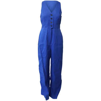 Diane Von Furstenberg Button Up Fitted Jumpsuit In Blue Linen In Blue