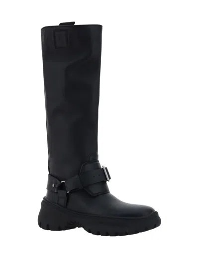 Burberry Leather Buckled Tall Boots In Black