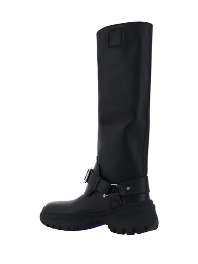 Burberry Leather Buckled Tall Boots In Black