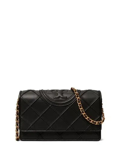 Tory Burch Fleming Soft Leather Wallet On A Chain In Black
