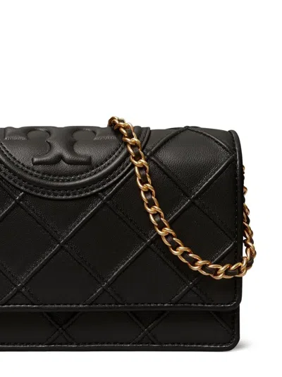 Tory Burch Fleming Soft Leather Wallet On A Chain In Black