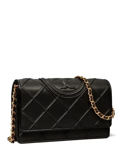 Tory Burch Fleming Soft Leather Wallet On A Chain In Black