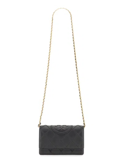 Tory Burch Fleming Soft Leather Wallet On A Chain In Black