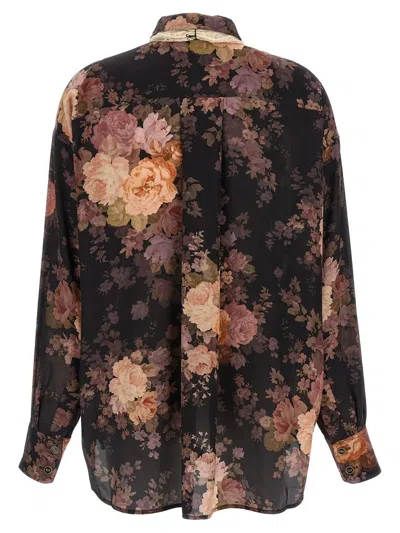 Zimmermann Illustration Lace-trimmed Floral-print Silk Crepe De Chine Shirt In Black