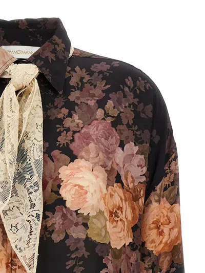 Zimmermann Illustration Lace-trimmed Floral-print Silk Crepe De Chine Shirt In Black