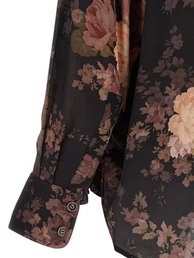Zimmermann Illustration Lace-trimmed Floral-print Silk Crepe De Chine Shirt In Black