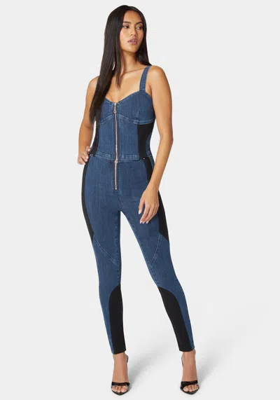 Bebe Pdr Combo Zip Front Denim Corset In True Blue Wash,black