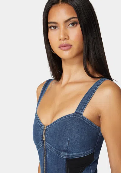 Bebe Pdr Combo Zip Front Denim Corset In True Blue Wash,black